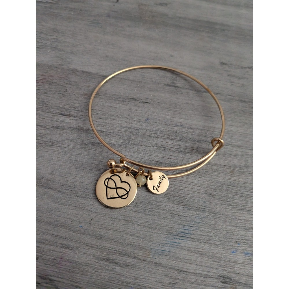 Gold Tone Expandable Wire Bangle Bracelet Heart Infinity Family Charms